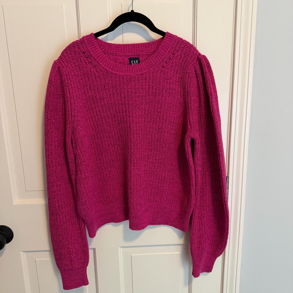 GAP Shaker-Stitch Balloon Sleeve Sweater in Fuchsia Pink sz M